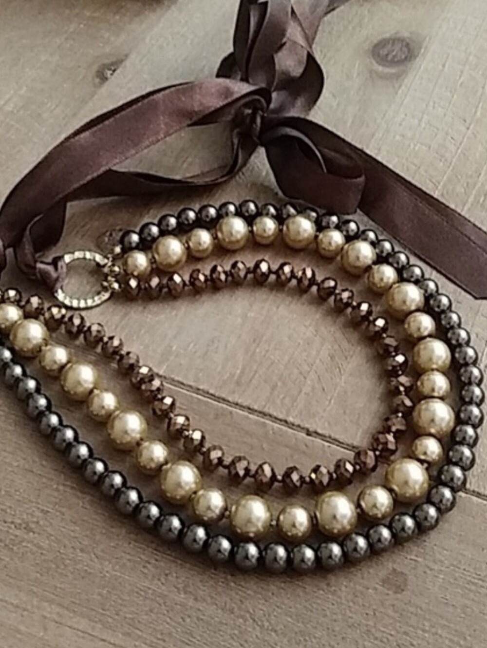 Women's Elegant Brown And Gold Faux Pearl Multi-Strand Statement Necklace - Picture 5 of 14